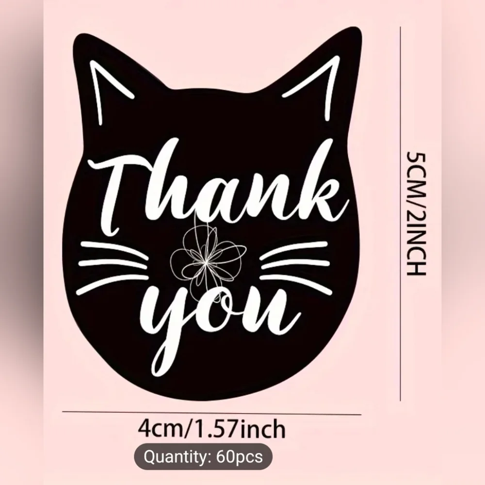 Thank You Cat Face Stickers - Pink & Black - Pack of 60